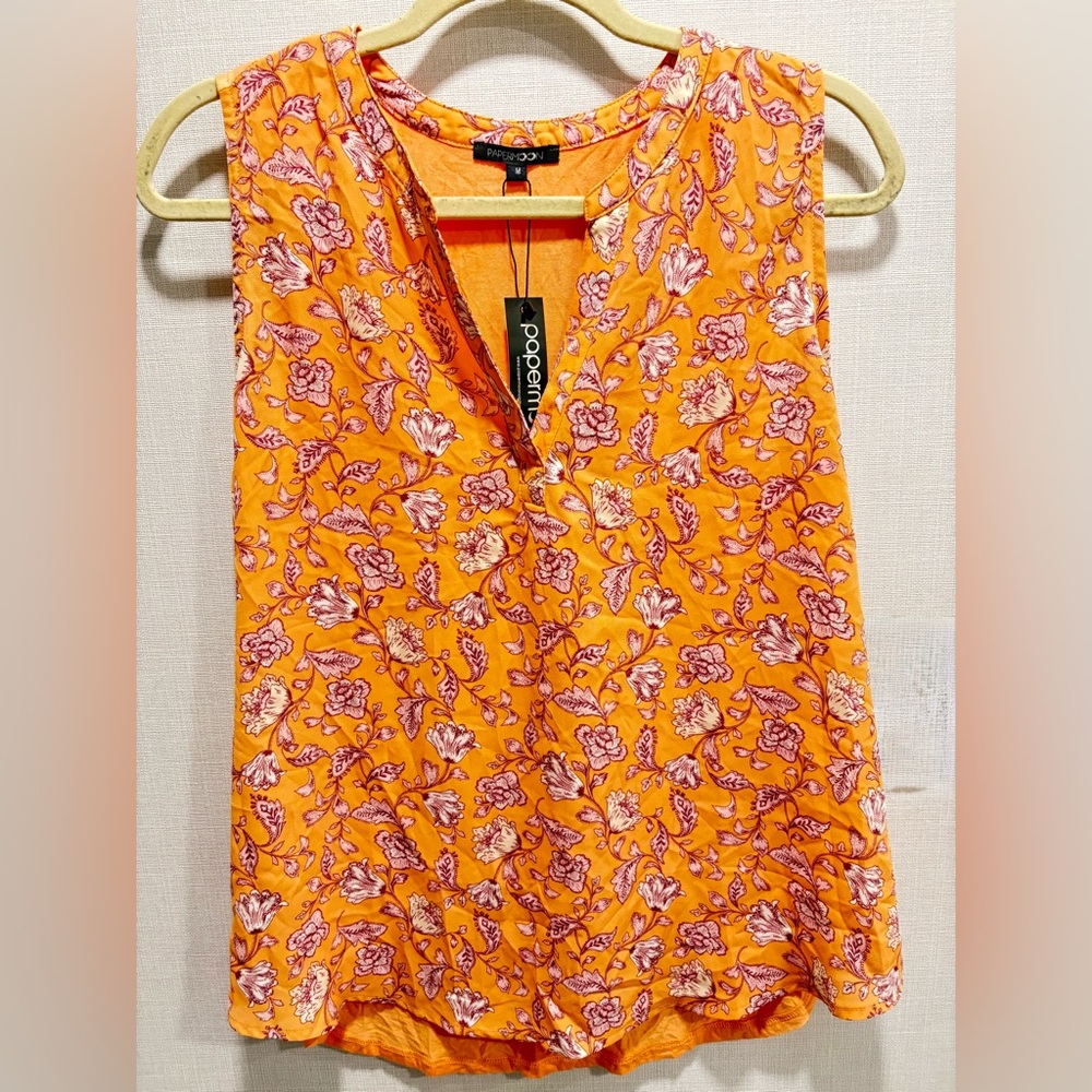 Papermoon Orange Floral Sleeveless Split Neck Blouse NWT